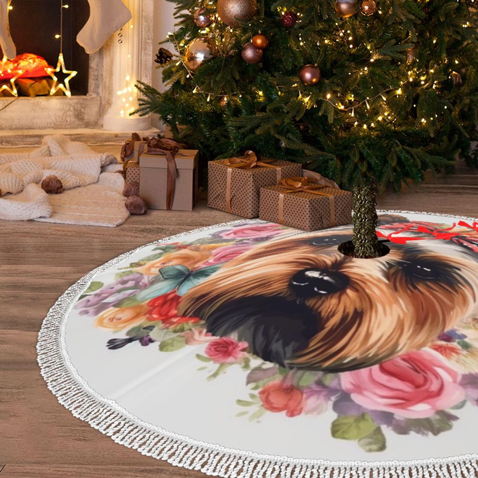 Jupe de sapin de Noël pour décoration du salon et grand tapis de fête à motifs fleuris