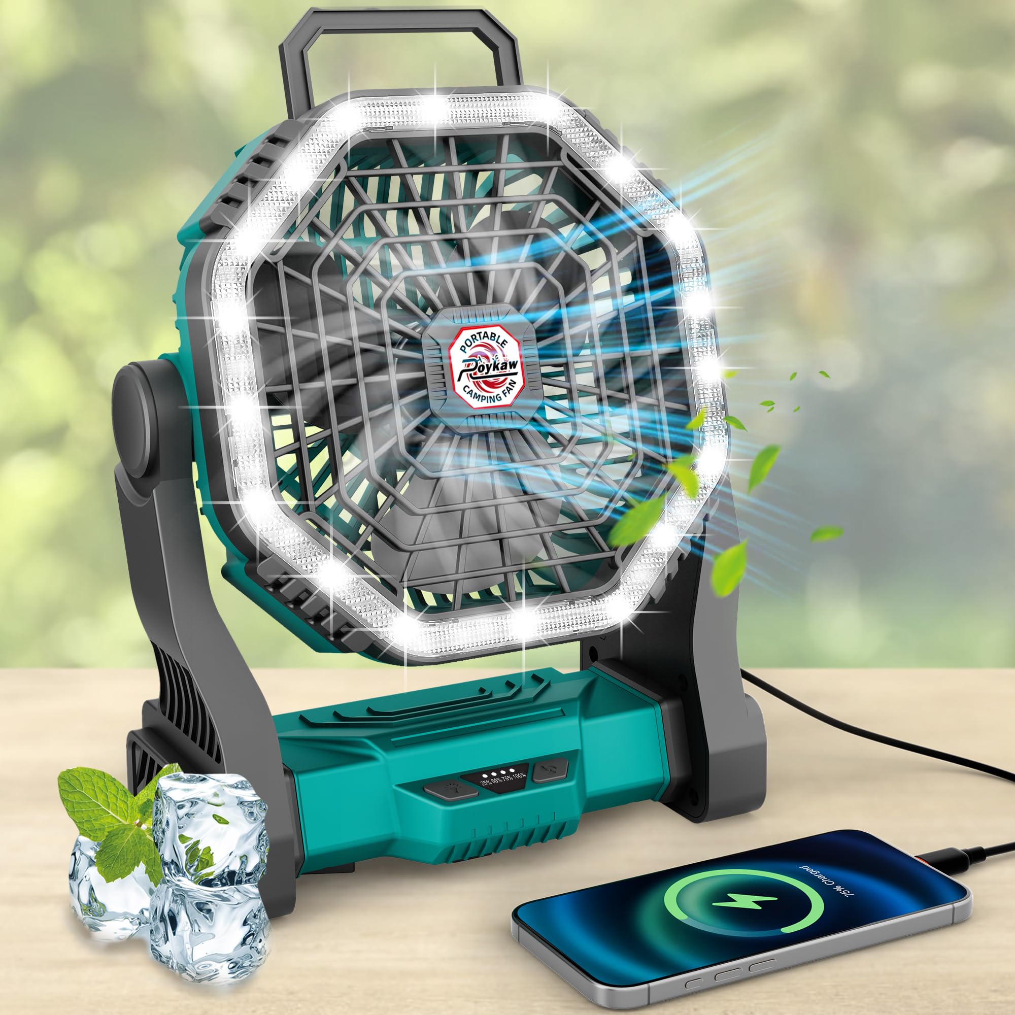 Ventilateur de camping à batterie Roykaw bleu lac idéal pour vos nuits sous la tente et la pêche