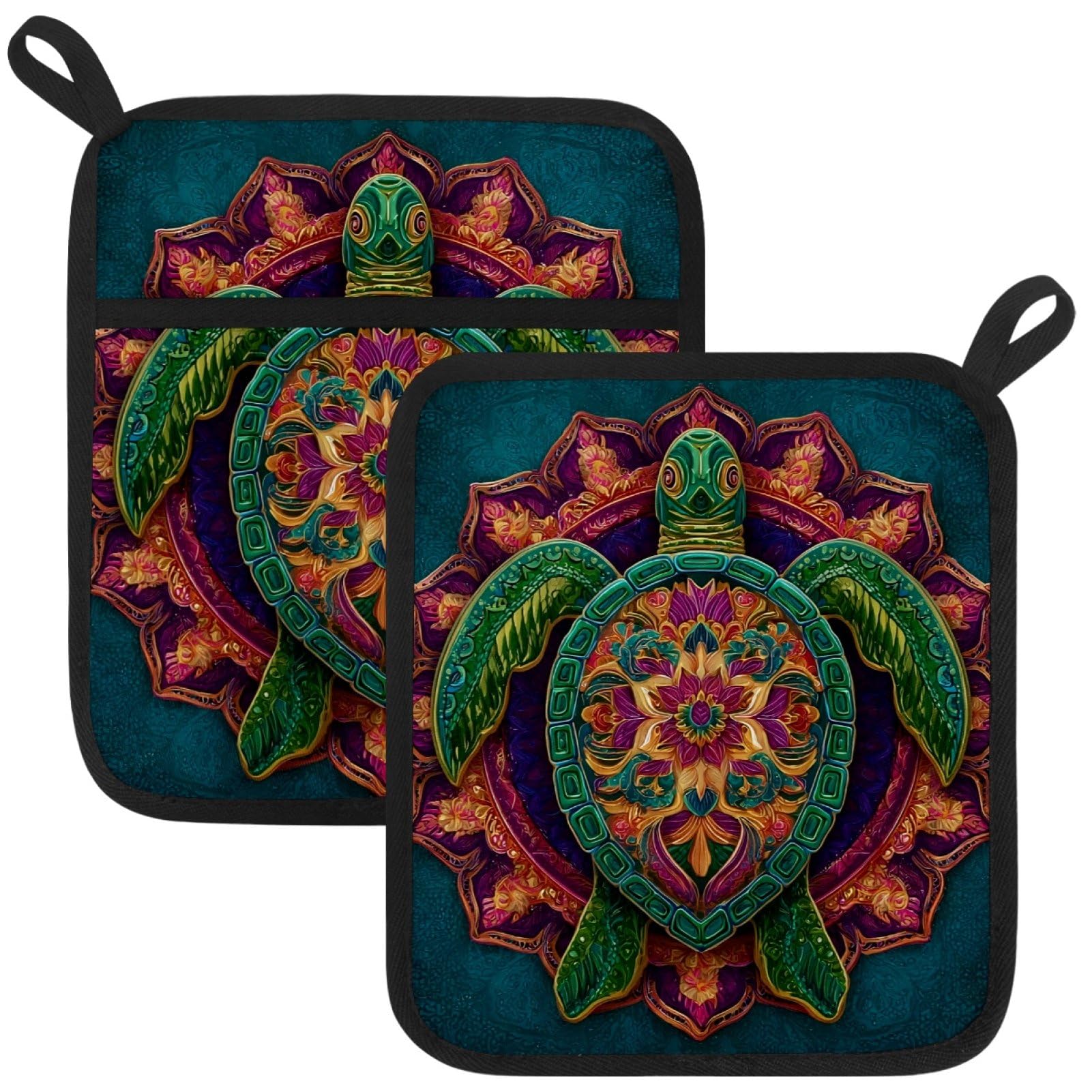 VAPOKF Green Mandala Turtle Kitchen Hot Pot Holder, Pot Holders Heat Resistant Pot Holder with Pocket Heat Resistant Trivets for Hot Pans Cotton Pot Mitts for Kitchen Cooking Baking