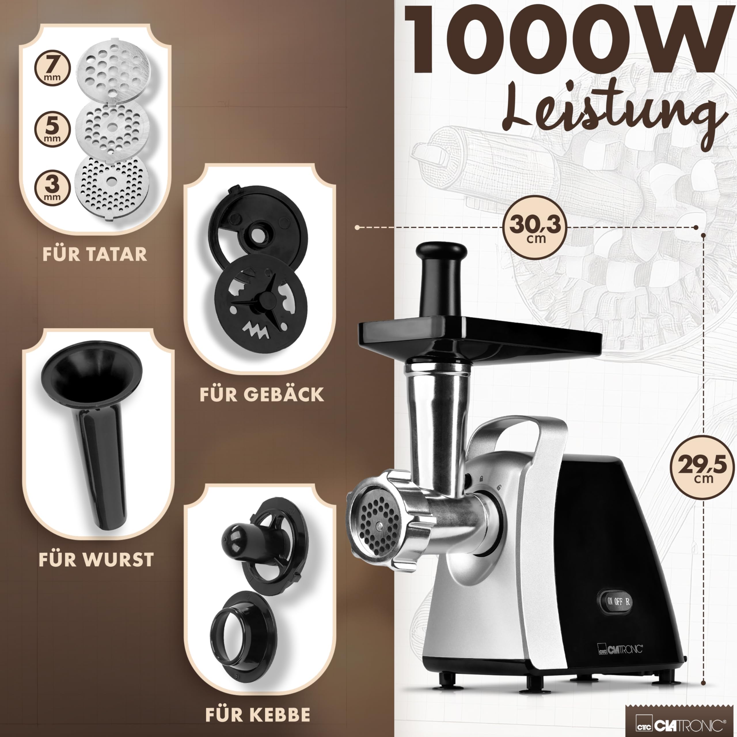 Clatronic® Fleischwolf 1000W Mit Aufsatz für Plätzchen & Spritzgebäck – Bild 4