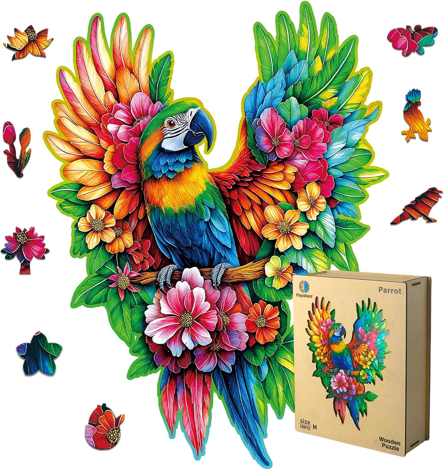 Wooden Puzzles for Adults Floral-Winged Parrot Puzzle - Laser-Cut Unique Shaped Stress Relief Jigsaw Puzzle, Wall Art Home Decor Gift for Family, Christmas Thanksgiving Gifts (14.9"×11.1" 200pcs)