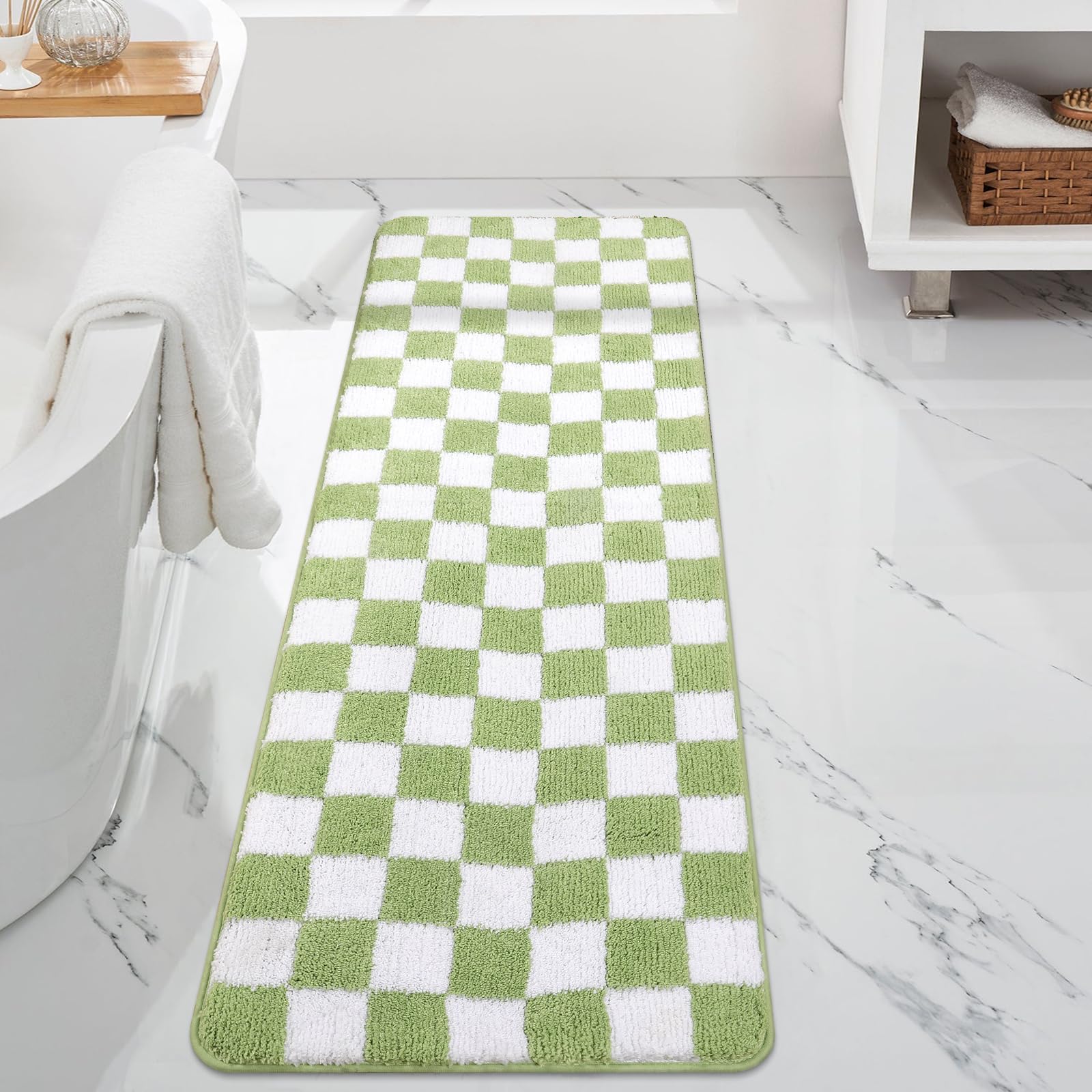 Uphome Bath Mat Runner, Mint Green Checkerboard Geometric Bath Runner Rug, Absorbent Anti Skid Washable Long Bathroom Mat, Contemporary Plaid Cozy Soft Bath Rugs for Bathtub Laundry Sink, 20x59 inch