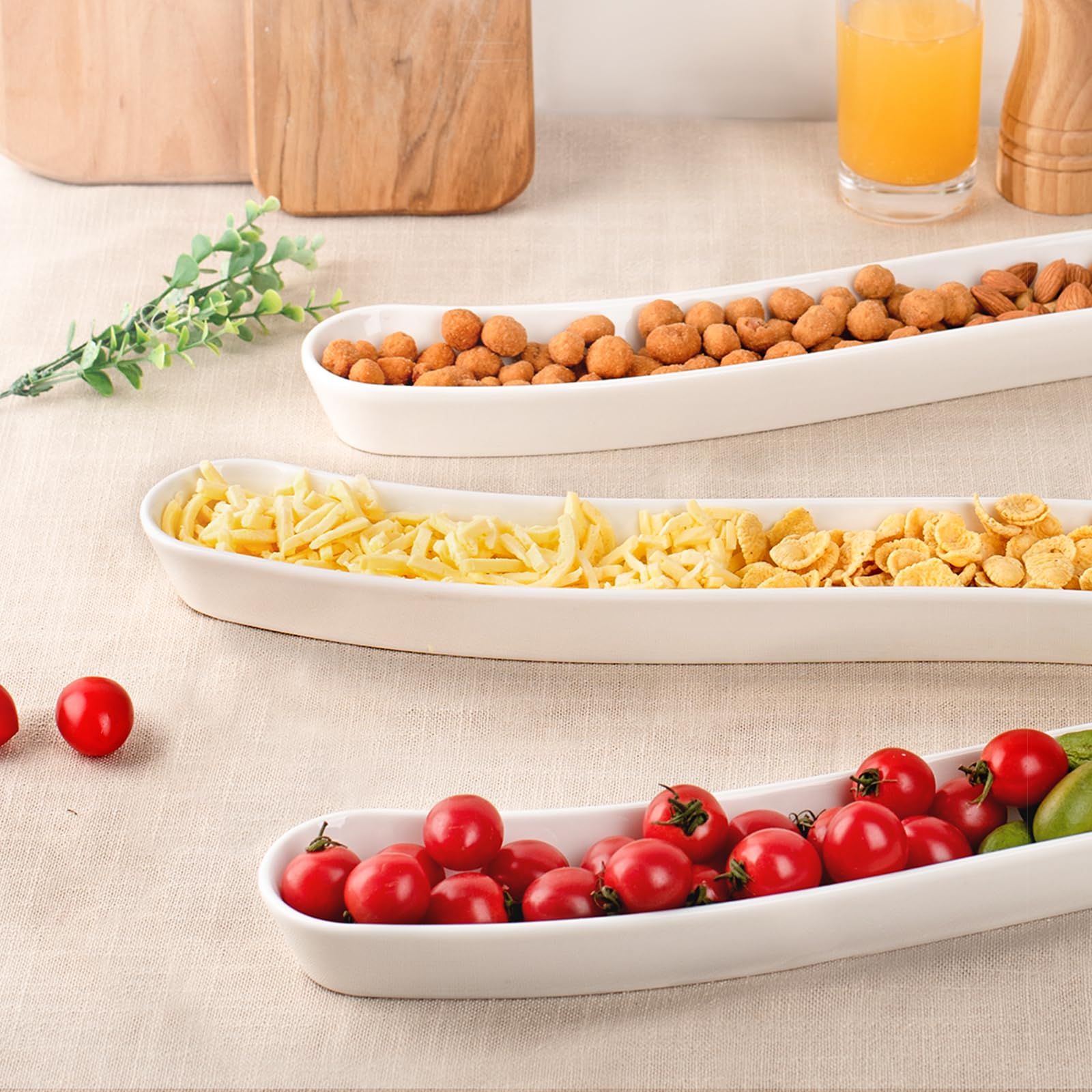 3-Pack Olive Plates-Versatile Ceramic Olive Tray for Snacks, Appetizers Platter-Long Arc Shape Boat Restaurantware for Entertaining and Displaying Appetizers-Dishwasher & Microwave Safe (17 inches) 1