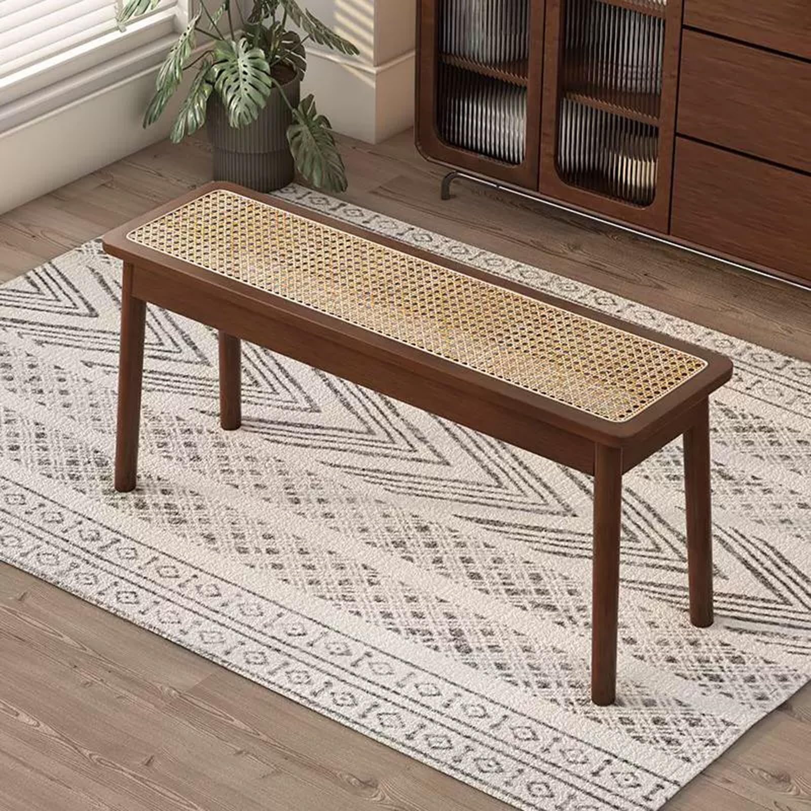 Woven Rattan Entryway Bench Farmhouse Wooden Bench Rustic Solid Wood Dining Bench 2 Persons Rectangular Bench for End of Bed Side Table for Living Room Bedroom Dining room Balcony