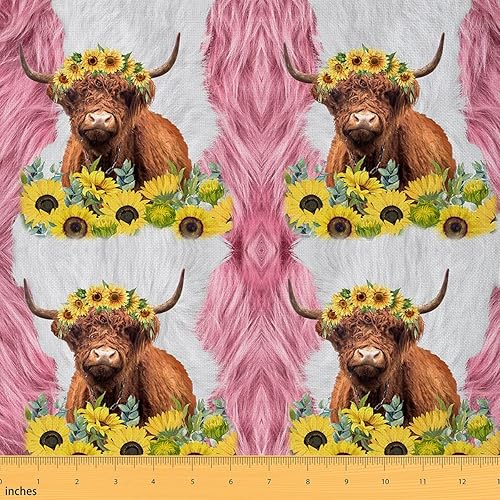 The Yard - Tela estampada de piel de vaca para niños, linda vaca de las tierras altas, impermeable, tela para exteriores, tela de tapicería de