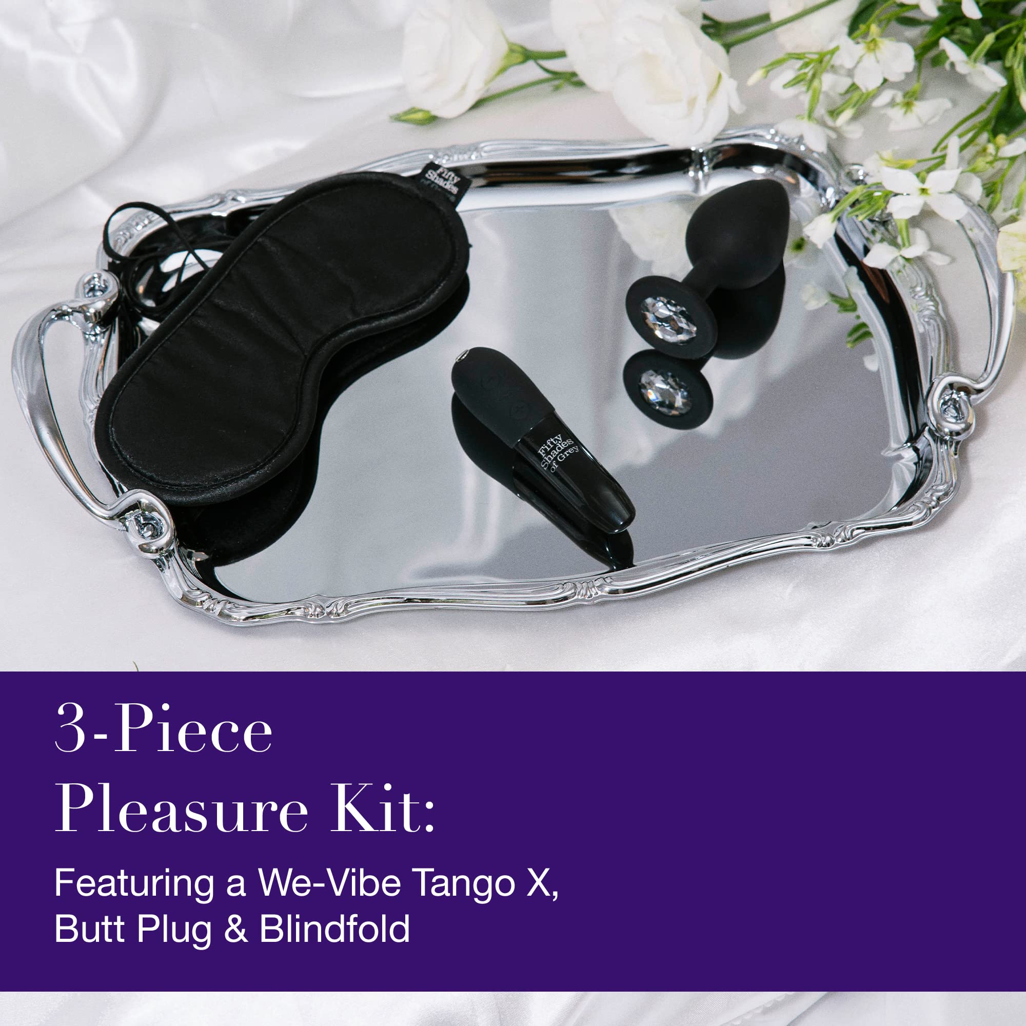 Fifty Shades of Grey Kit per coppie Vieni a letto, kit giocattolo sessuale per adulti con vibratore clitorideo, spina anale in cristallo e benda satinata, vibratore a 8 velocità, ricaricabile e