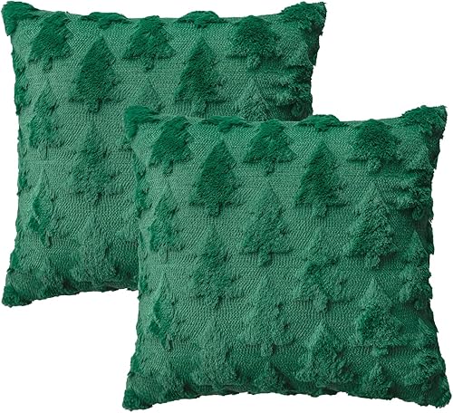 AVOIN colorlife Juego de 2 fundas de almohada de color verde árbol de Navidad, 18 x 18 pulgadas, felpa suave, piel sintética, jacquard, festivales,
