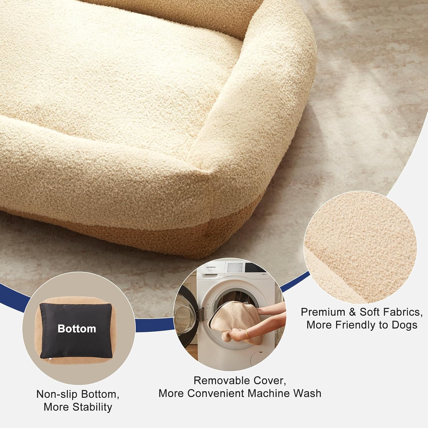 FURTIME Washable Dog Bed Medium Size Dogs, Rectangle Comfy Fluffy Small Dog Bed, Removable Zipper Cover Machine Wash, Orthopedic Bed Durable Pet Cuddler with Anti-Slip Bottom, 25x21x7 in, Beige