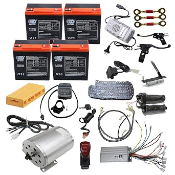 Go Kart Complete Kit 48V 1800W Brushless Electric Motor with Controller 12V Motorcycle Batteries Chain Guage Wiring Harness Throttle Grips Toggle for Scooter Ebike ATV UTV Moped Quad Tricycle 20PCS