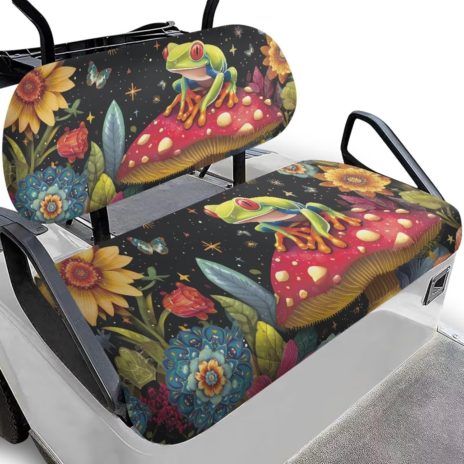 Tree Frog Golf Cart Front Seat Cover Kit Mushroom Golf Cart Seat Towel Blanket Fit for EZGO Club Car and More 2 Person Seats Golf Carts Elastic Comfortable Easy Install and Clean