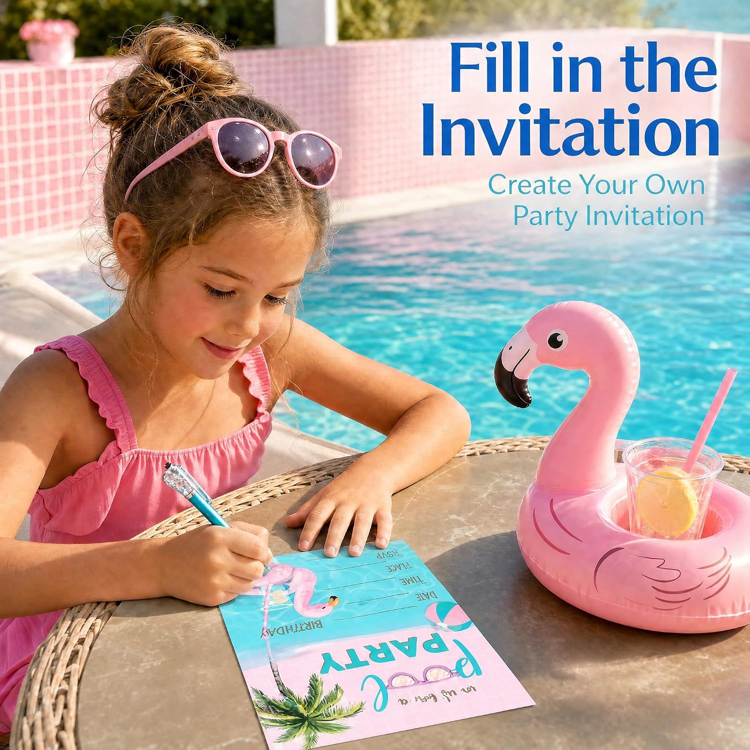Pink Flamingo Pool Birthday Party Invitations with Envelopes 20 Pack Double Sided Fill-in Birthday Invitations for Boys Girls, Kids Summer Party Invites, 4x6 Inch - B03