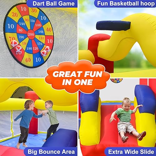 Miniatura 7 de Juego de casa de rebote para jugar al aire libre con tobogán inflable para patio trasero juegos con soplador, juego de objetivos de dardos para