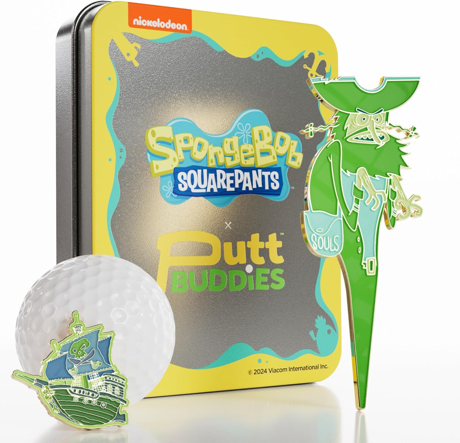 Gold Plated Spongebob Flying Dutchman Divot Tool and Ball Marker Gift Set with Magnetic Hat Clip and Collectible Protective Tin, Officially Licensed Golf Accessories for Collectors