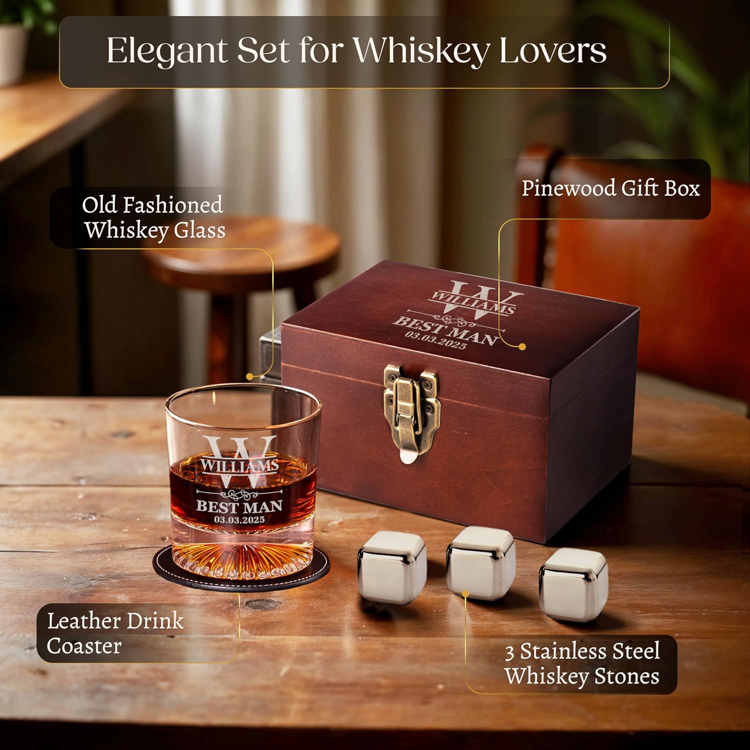 Custom Groomsmen Whiskey Gift Set, Glass Coaster Whiskey Stones Wood Box image 5