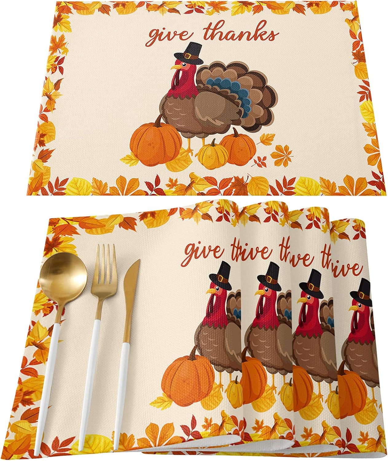 Thanksgiving Placemats Set of 6 Turkey Fall Pumpkin Maple Leaves Cotton Linen Washable Table Mats for Dinner Table Give Thanks Orange Autumn Table Mats for Thanksgiving Decoration