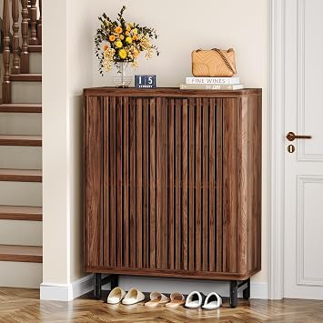 Tribesigns 6-Tier Farmhouse Shoe Cabinet with Shutter Doors, Wooden Shoe Organizer Rack with Adjustable Shelves, Modern Large Hidden Storage Furniture for Entryway, Hallway Brown&Black