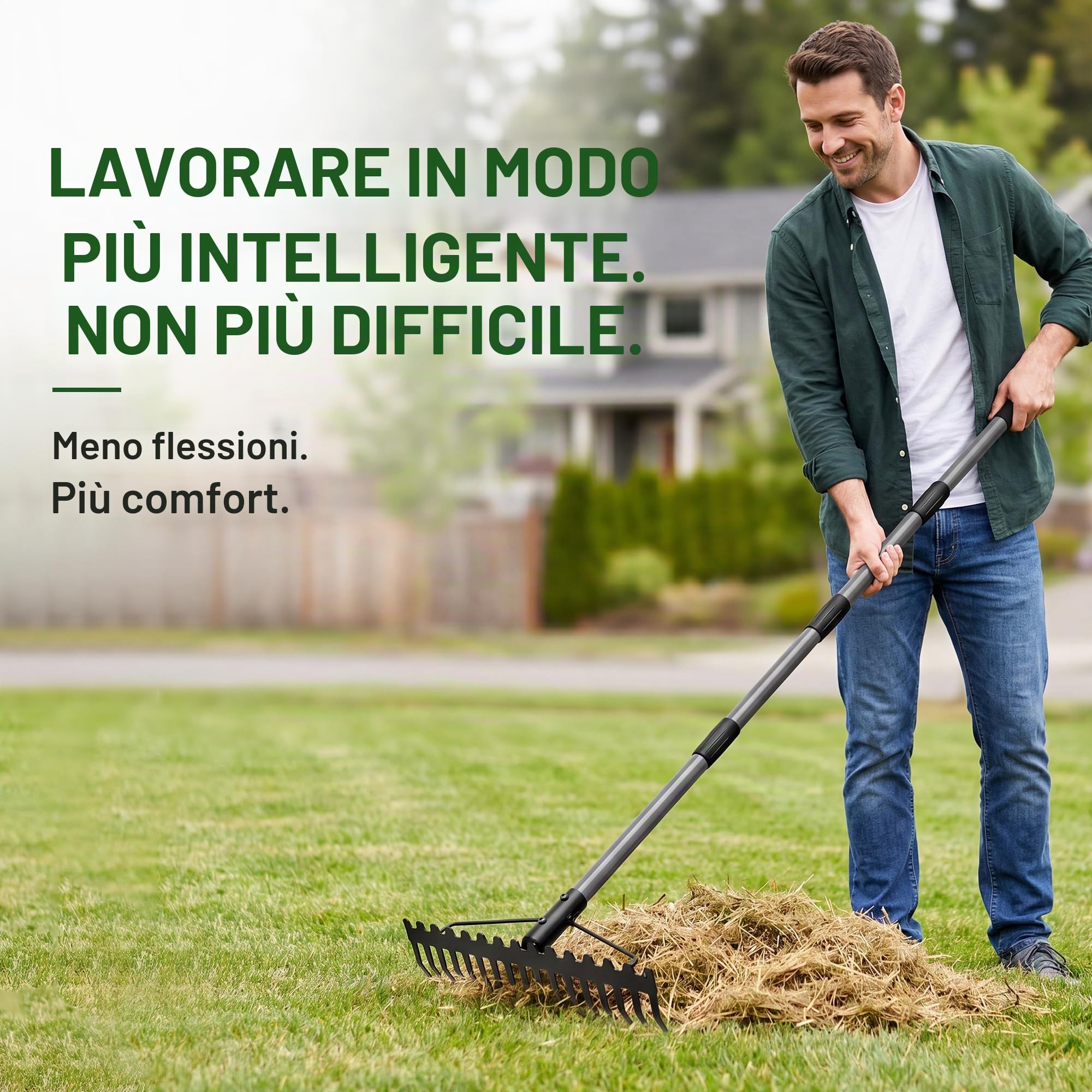 Walensee Rastrello da giardino resistente da 165 cm, con manico in acciaio inossidabile, rastrello in metallo a doppia testa a 17 denti per allentare il terreno, livellare il prato, raccogliere foglie