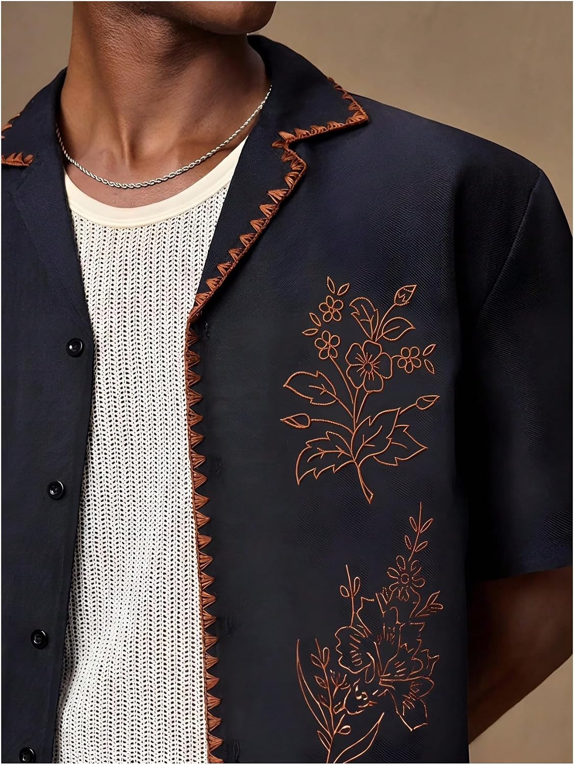 VIPWOLF Men's Floral Embroidered Button Down Shirts Casual Short Sleeve Lapel Collar Neck Baggy Beach Vacation Shirt