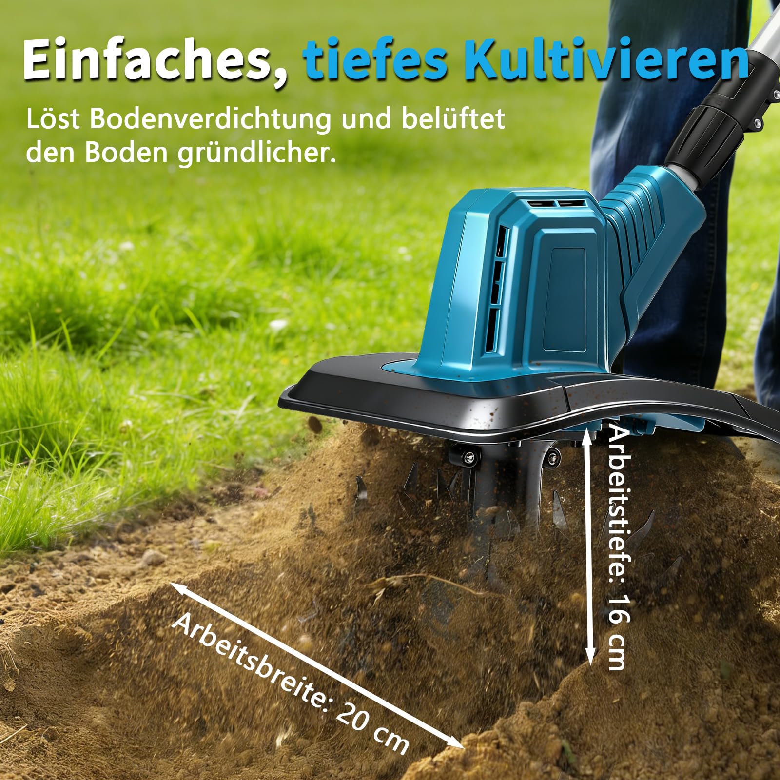 Akku-Bodenhacke für Makita 18V Batterie,360 U/min Motor, 20cm Arbeitsbreite & 16cm Arbeitstiefe für Beet, Arbeitstiefe für Beet, Acker & Landwirtschaft(Ohne Akku)