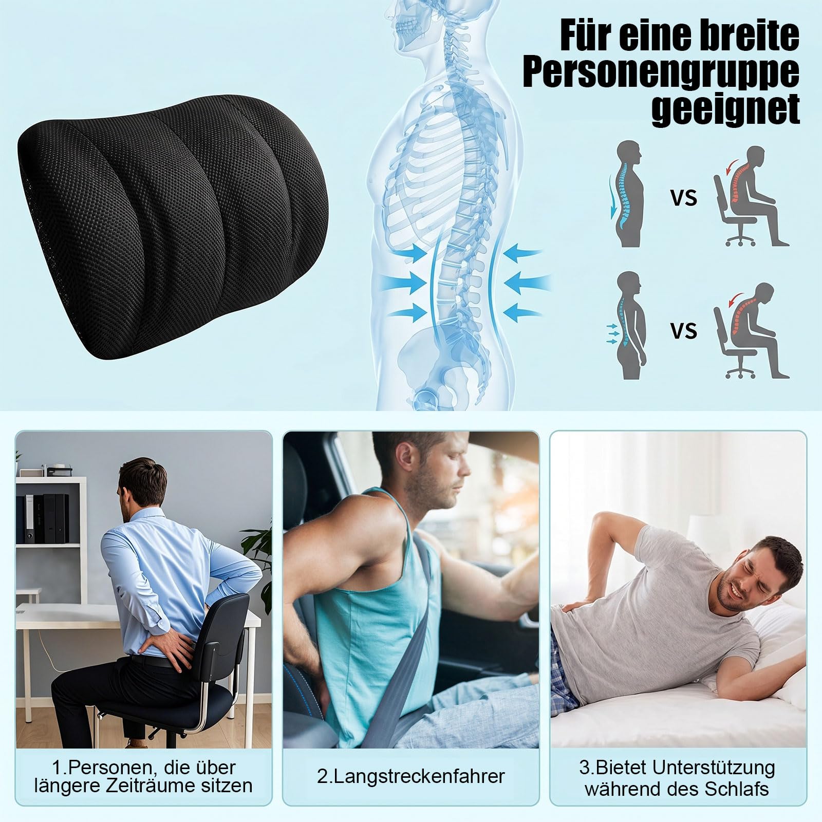 Verstellbares Lendenwirbelstützkissen für Auto & Bürostuhl - Ergonomisches Memory-Schaum Lendenkissen für Unteren Rücken & Taille - Lordosenstütze mit Atmungsaktivem 3D-Mesh-Bezug