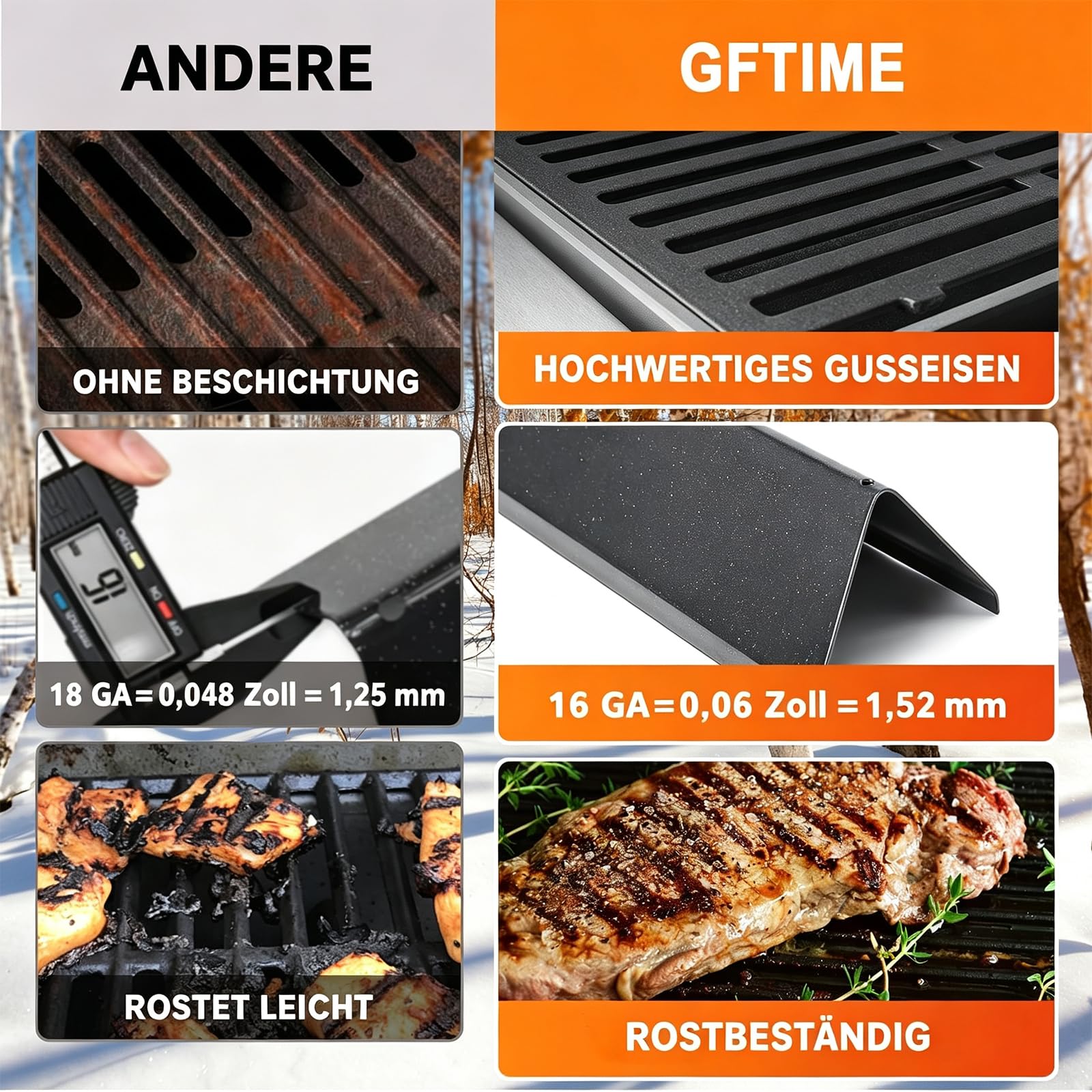 GFTIME 38.9cm Flavorizer Bar & 44.5cm Grillroste für Weber Spirit E210 E220 S210 S220 (mit vorderen Brennerknöpfen) –Emaille Brennerabdeckung & Gusseisen Grillrost Grill Ersatz für Weber 7635,7637