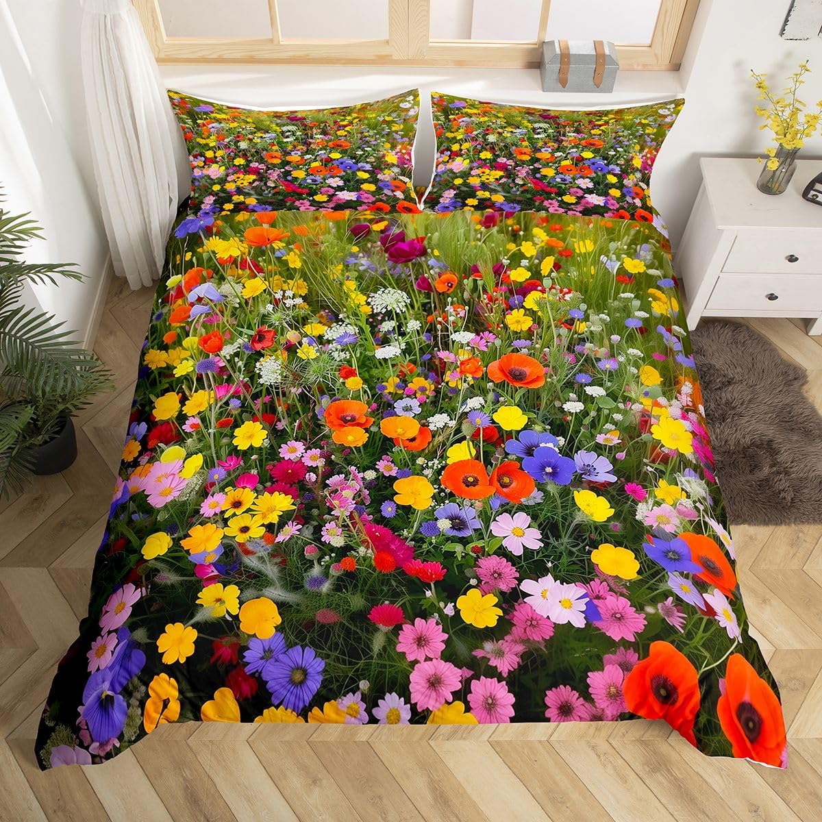 Erosebridal Watercolor Flowers Duvet Cover Set Rustic Queen Bedding Sets for Little Boys | Botanical Comforter Cover Cute Jungle Plant Country Floral Bed Sets