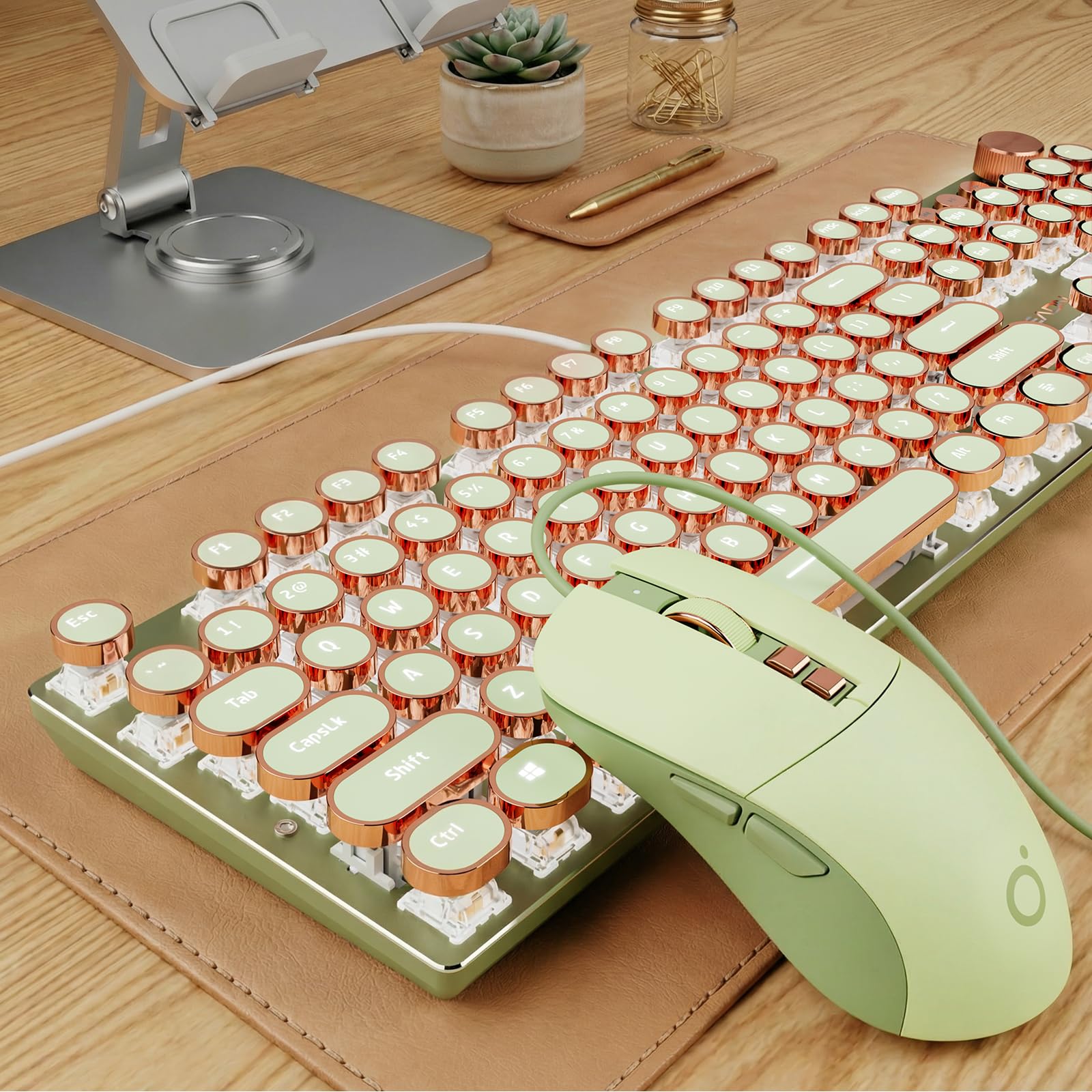 EWEADN Wired Typewriter Keyboard and Mouse Combo Typewriter Style Mechanical Keyboard 104 Keys Backlit LED Keyboards Media Control