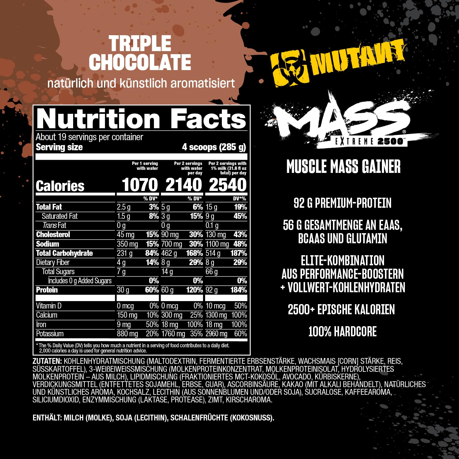 MUTANT Mass Extreme 2500 Gainer | Molkenproteinpulver | Muskelaufbau | Hohe Dichte und saubere Kalorien | 5450 g | Dreifach-Schokolade