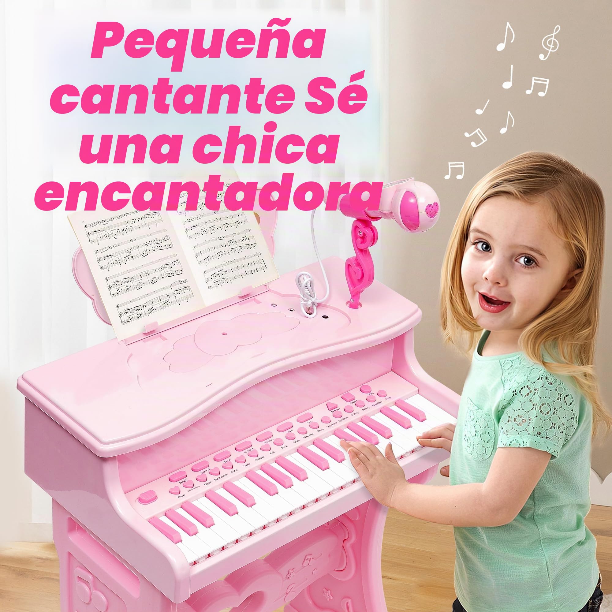 Piano para niños-Instrumento Musical Electrónico con 37 Teclas para niñas,Regalo Juguete Musical Pedagógico con Patas Desmontables,Micrófono,Varios Modos de Música,luz,Taburete (Rosa)