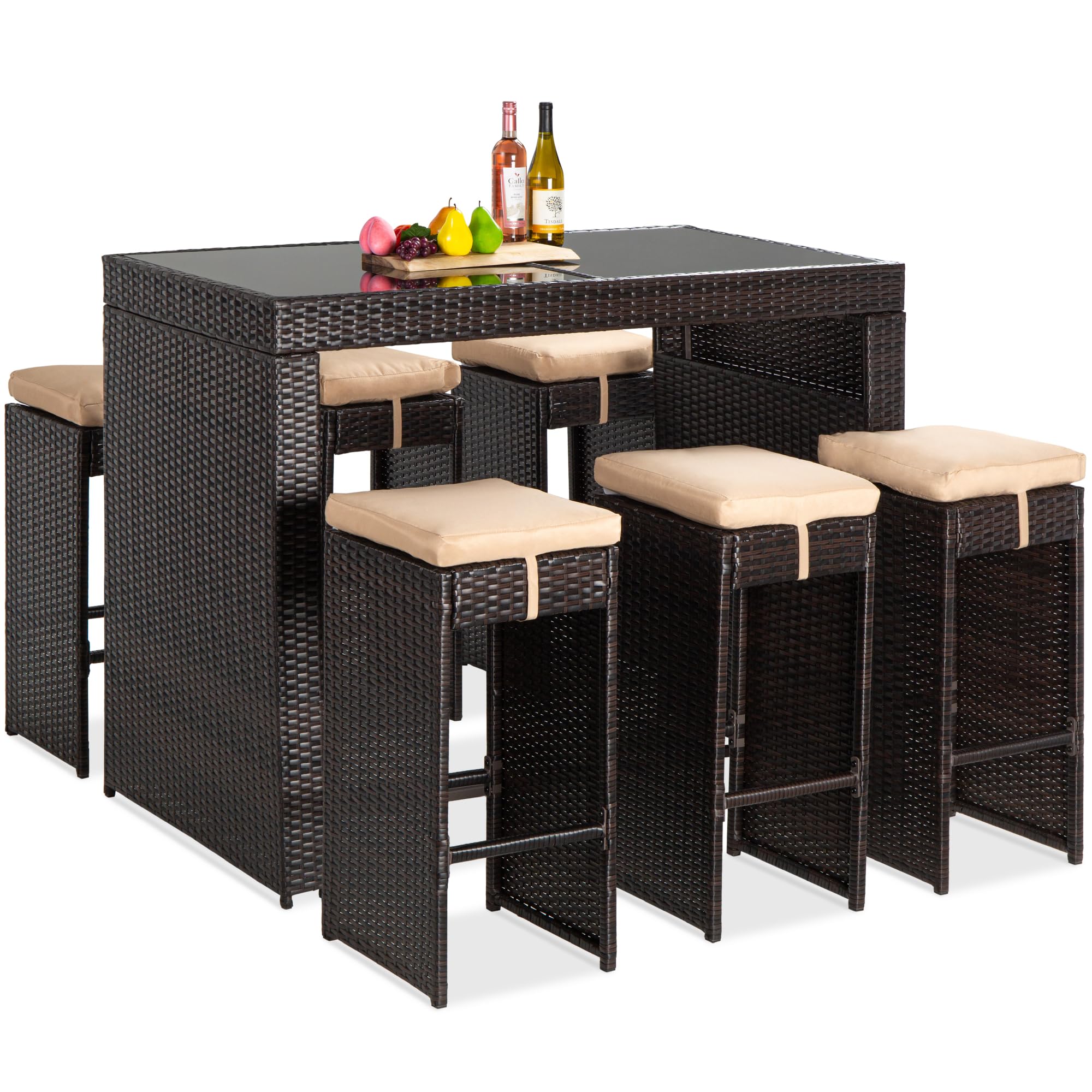 Best Choice Products 7-Piece Outdoor Wicker Bar Dining Set, Rattan Patio Furniture for Backyard, Garden w/Glass Table Top, 6 Stools, Removable Cushions - Brown/Beige