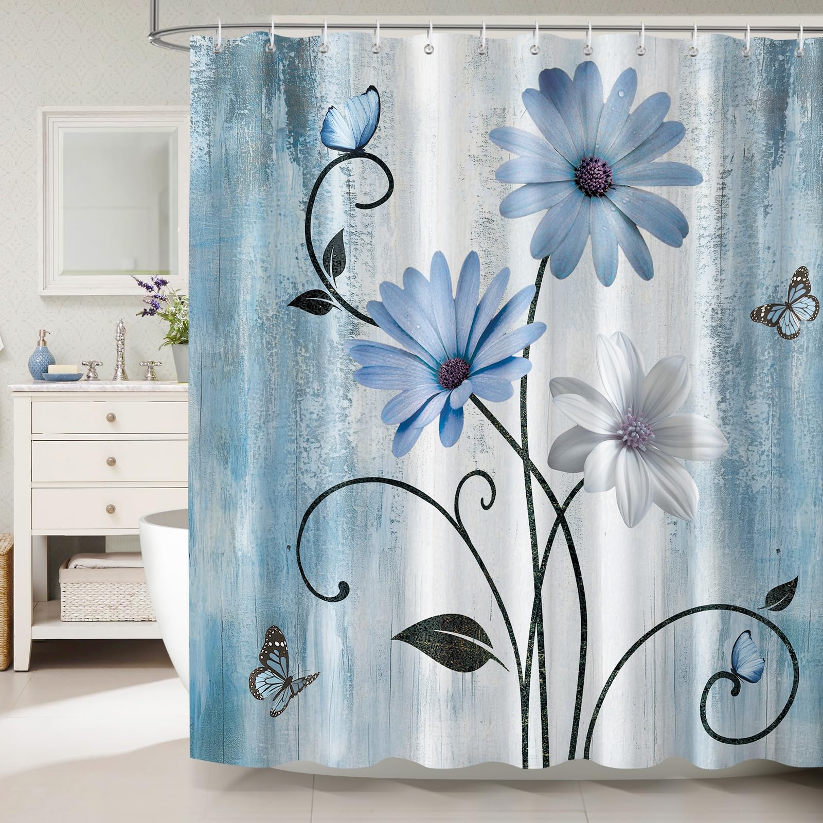 Dazzlewall Blue Daisy Shower Curtain for Bathroom Mould & Mildew Resistant