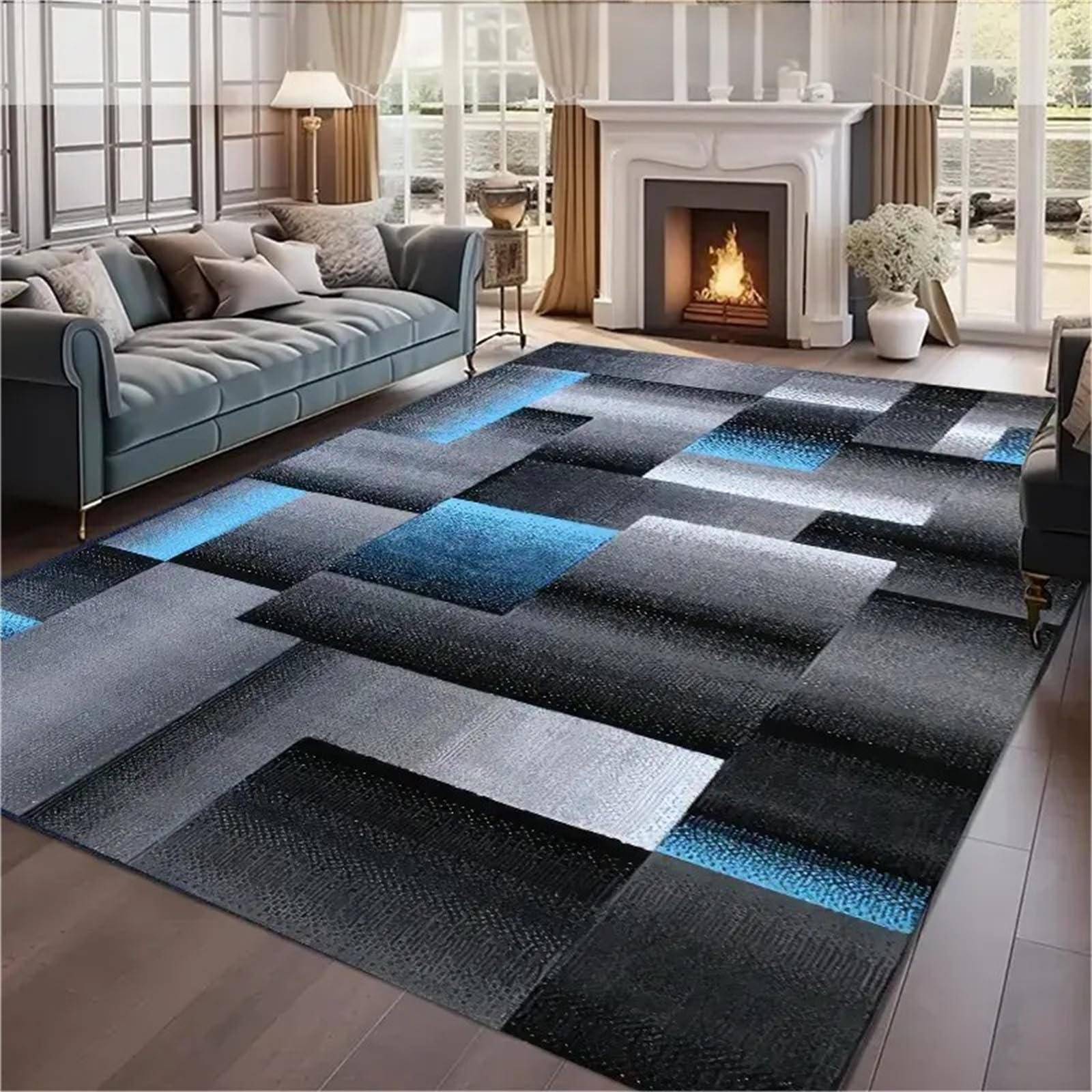 USHIRUG Modern Rug for Living Rooms, 180x300cm, Non-Slip Non-Shedding Geometric Square Print Area Carpet, Gray Blue Simple Plaid, Washable and Soft Rugs for Entryways Hallways Dining Tables Offices