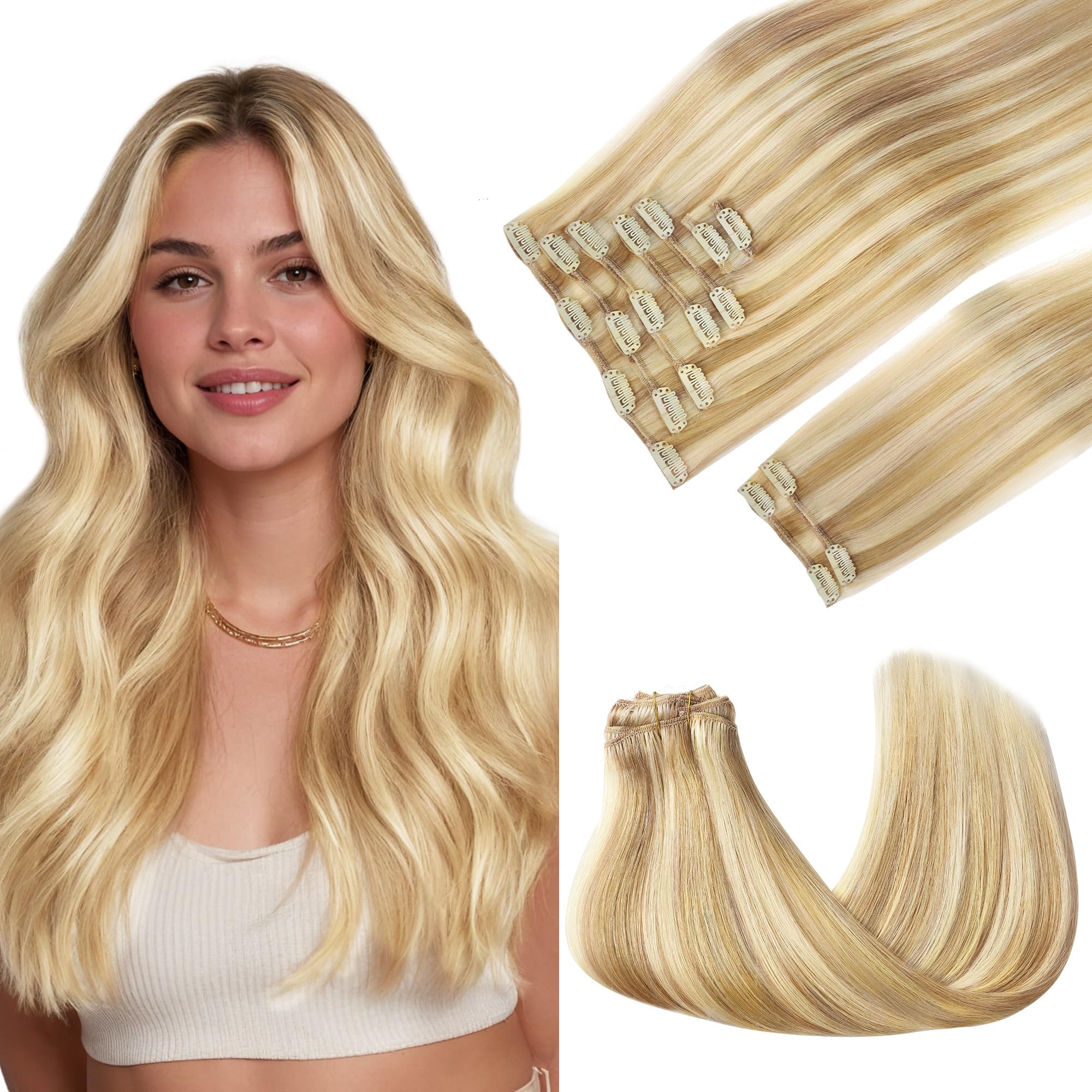 GOO GOO Clip in Hair Extensions Real Human Hair, Remy Human Hair Extensions Clip ins for Women, Natural Human Hair, 14inch 150g 9Pcs, 18D/22F Dirty Blonde Highlights