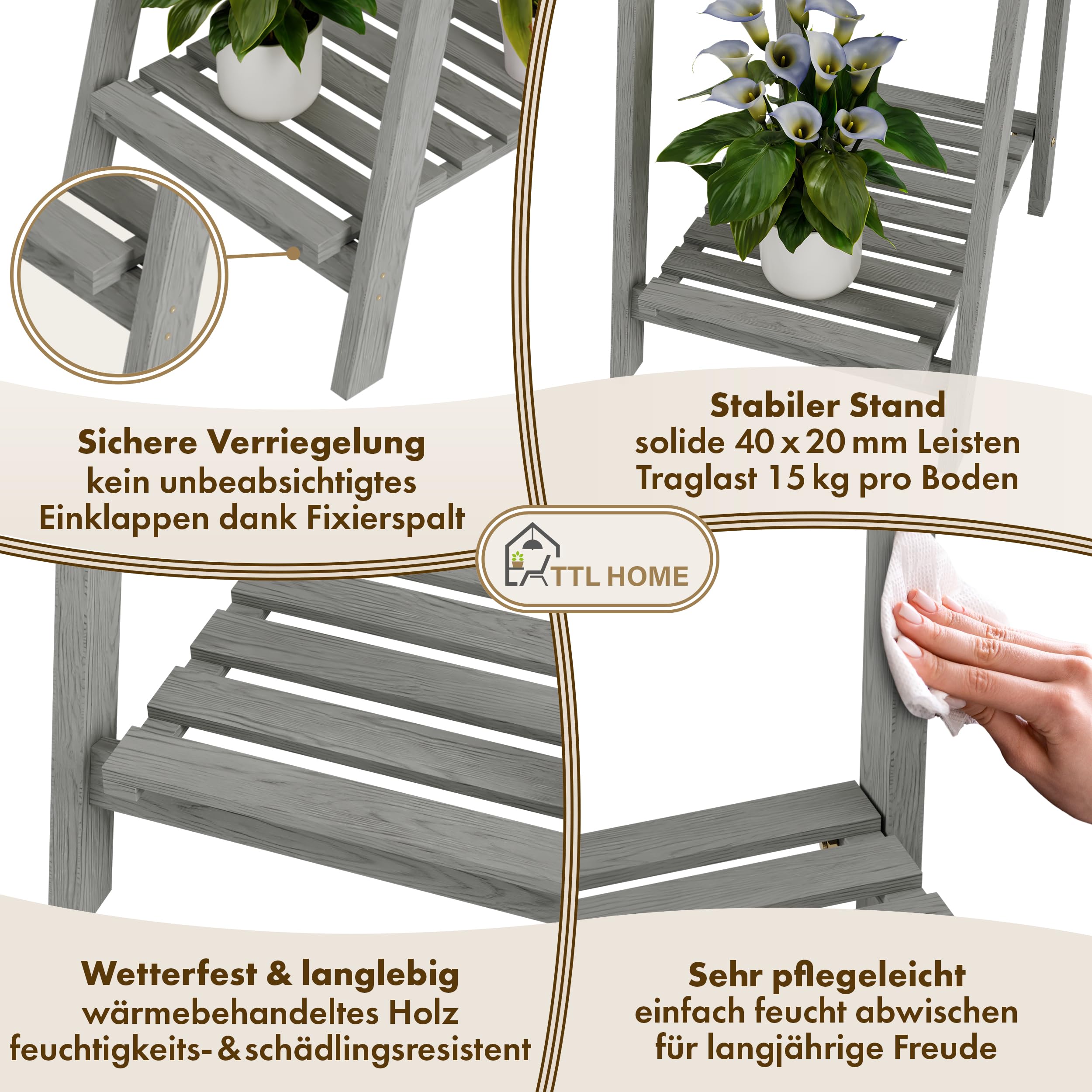 Blumenleiter 160cm Flower Ladder L 160x41x50cm hellgrau 4-Stufen - | Holz Leiterregal Blumentreppe Blumenregal Pflanzentreppe Kräuterregal für innen & draußen Balkon Terrasse Outdoor klappbar