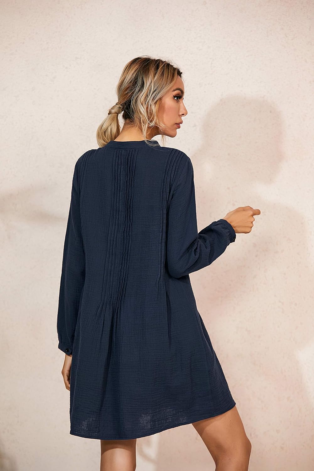 R.Vivimos Women's Tunic Dress Fall Cotton Button Down Long Sleeves Casual Mini Shirt Dress - Image 2