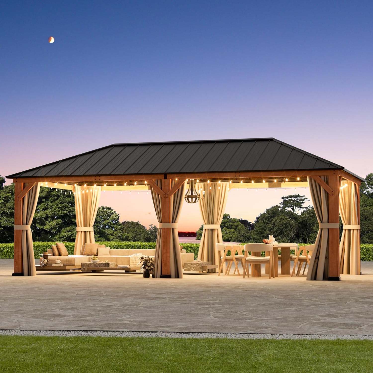 Modern Shade Tranquil Grove Wood Gazebo 12' x 24', Permanent Hardtop Gazebo with Galvanized Steel Roof, Mosquito Netting and Curtains, Cedar Outdoor Gazebo with Sturdy Hooks for Backyard