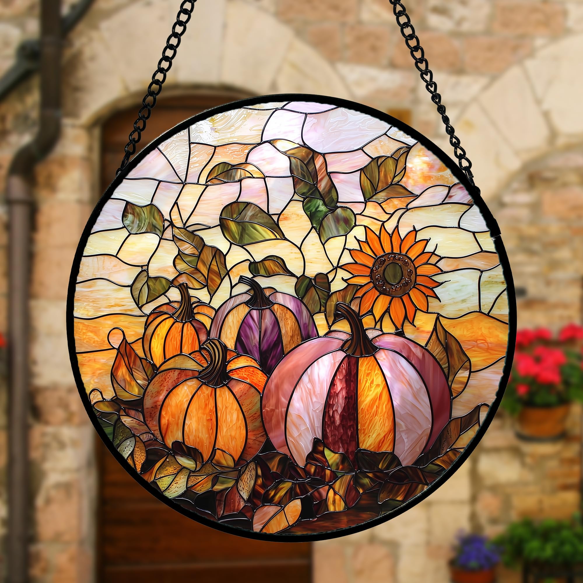 Amazon.com : Fall Sunflowers Pumpkins Stained Glass Window Hanging