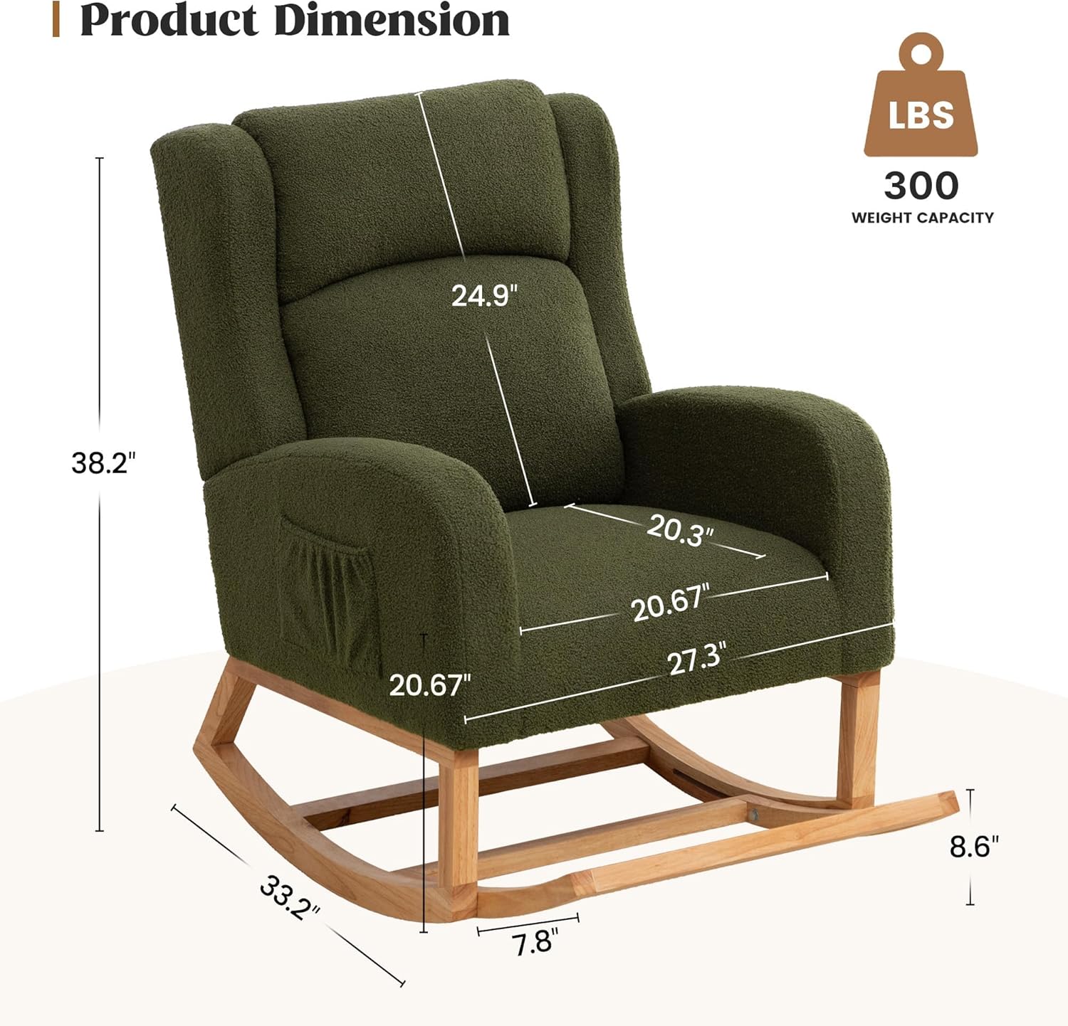 HCHAIRH Rocking Chair Nursery, Nursing Rocking Chairs for Mom Nursery, Comfy Wingback Teddy Glider Rocking Armchair with Foot Rest and Side Pocket for Nursery Living Room Bedroom, Green