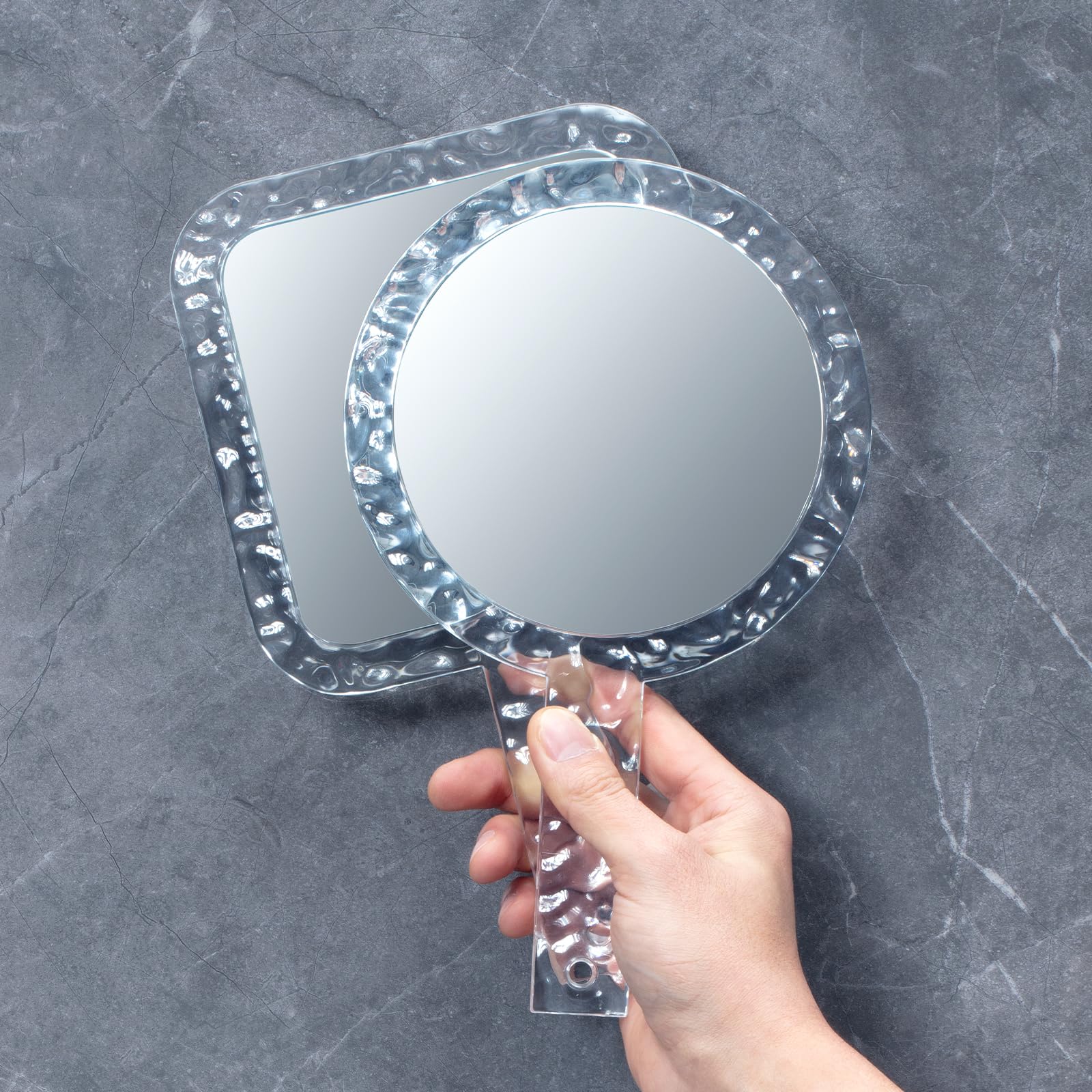 YEAKE Specchio a mano, doppio lato, con ingrandimento 1X/5X, con manico per trucco, specchio da barba con foro per appenderlo, acrilico, 15,5 cm di larghezza x 25,4 cm di lunghezza, forma quadrata,