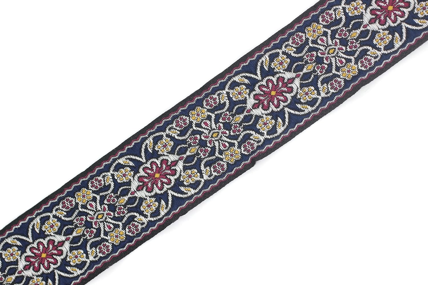 11 Yard Spool 1.37 inch Wide Blue and Red Yuzen Jacquard Ribbon Floral Style Woven Trim Drapery Making Bordure Upholstery Fabric 35939