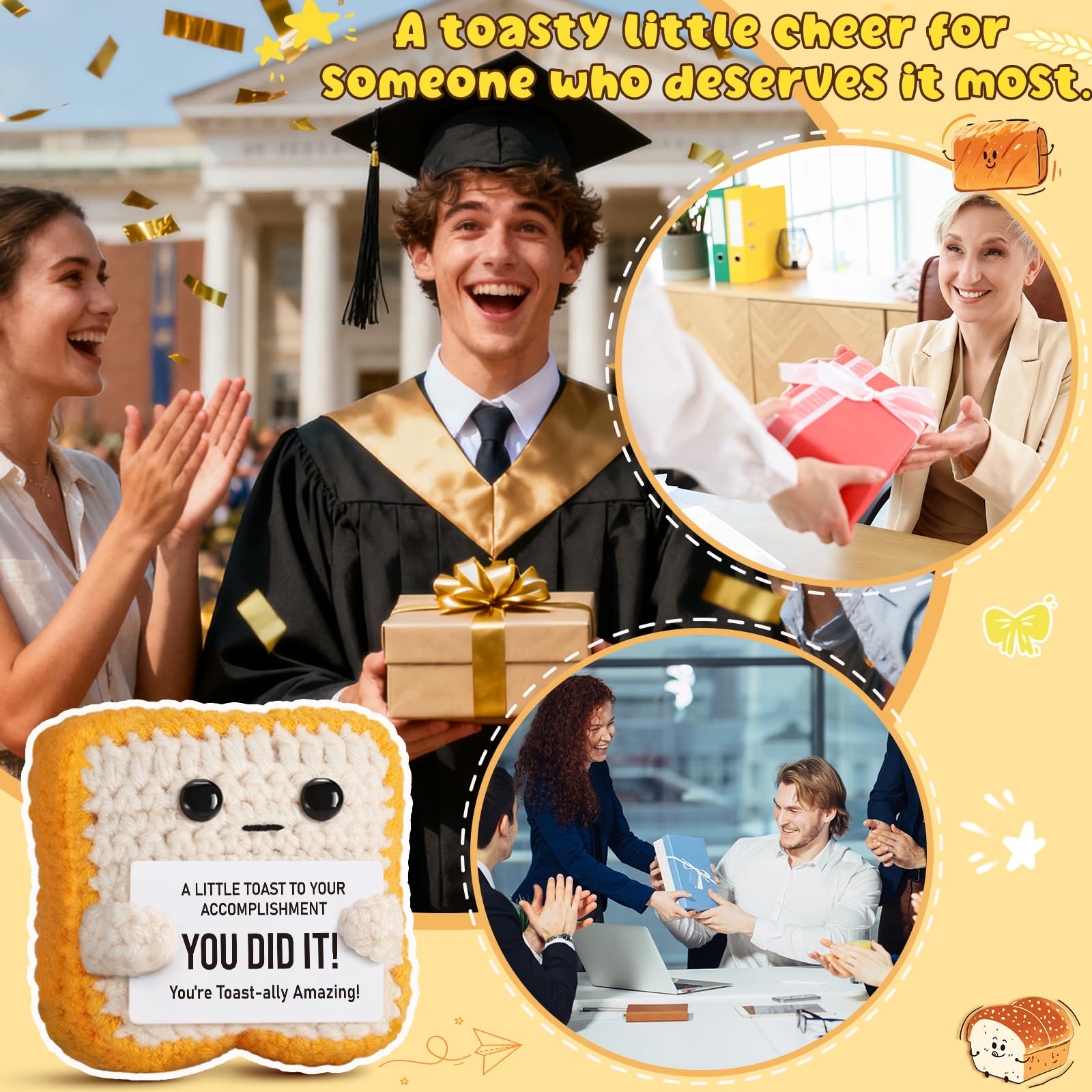 Crochet Toast Congratulations Gifts for Women - You Did It Card for Friends, Students, Coworkers, Teachers – Motivational College Highschool Graduation Decoration for Her Him