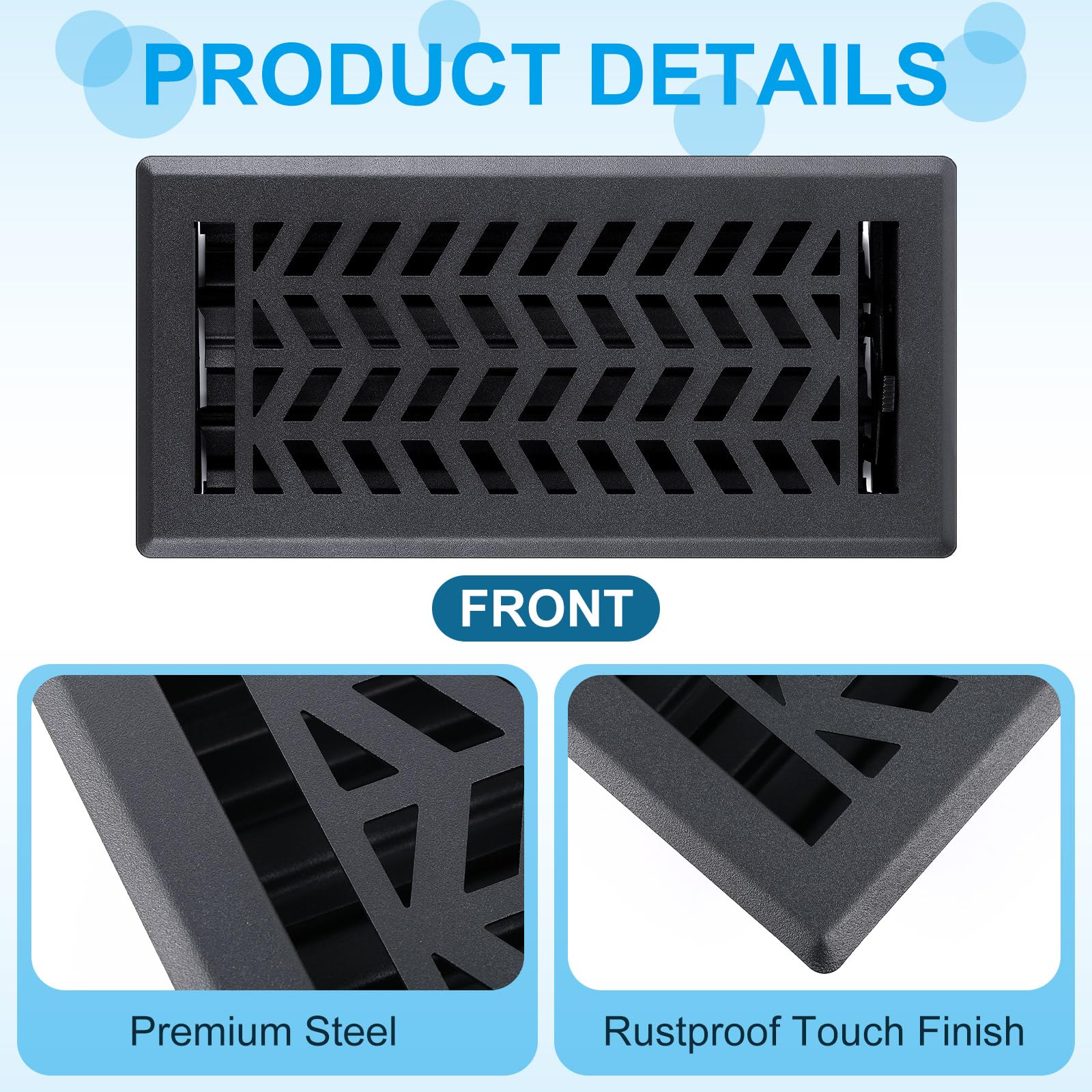 Yaocom 4 rejillas de ventilación negras de 4 x 10 pulgadas, diseño texturizado negro, resistentes cubiertas de ventilación de metal con amortiguador de ajuste, acabado a prueba de óxido para el hogar