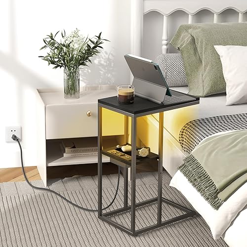 Miniatura 38 de Yoobure Mesa auxiliar en forma de C con estación de carga para sala de estar, dormitorio, mesa de sofá con puertos USB y salidas para espacios