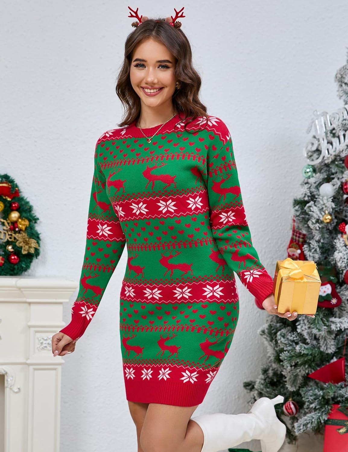 Ugly Christmas Sweater Dress for Women Xmas Crew Neck Pullover Sweater Holiday Knitted Mini Tunic Dress - Image 2