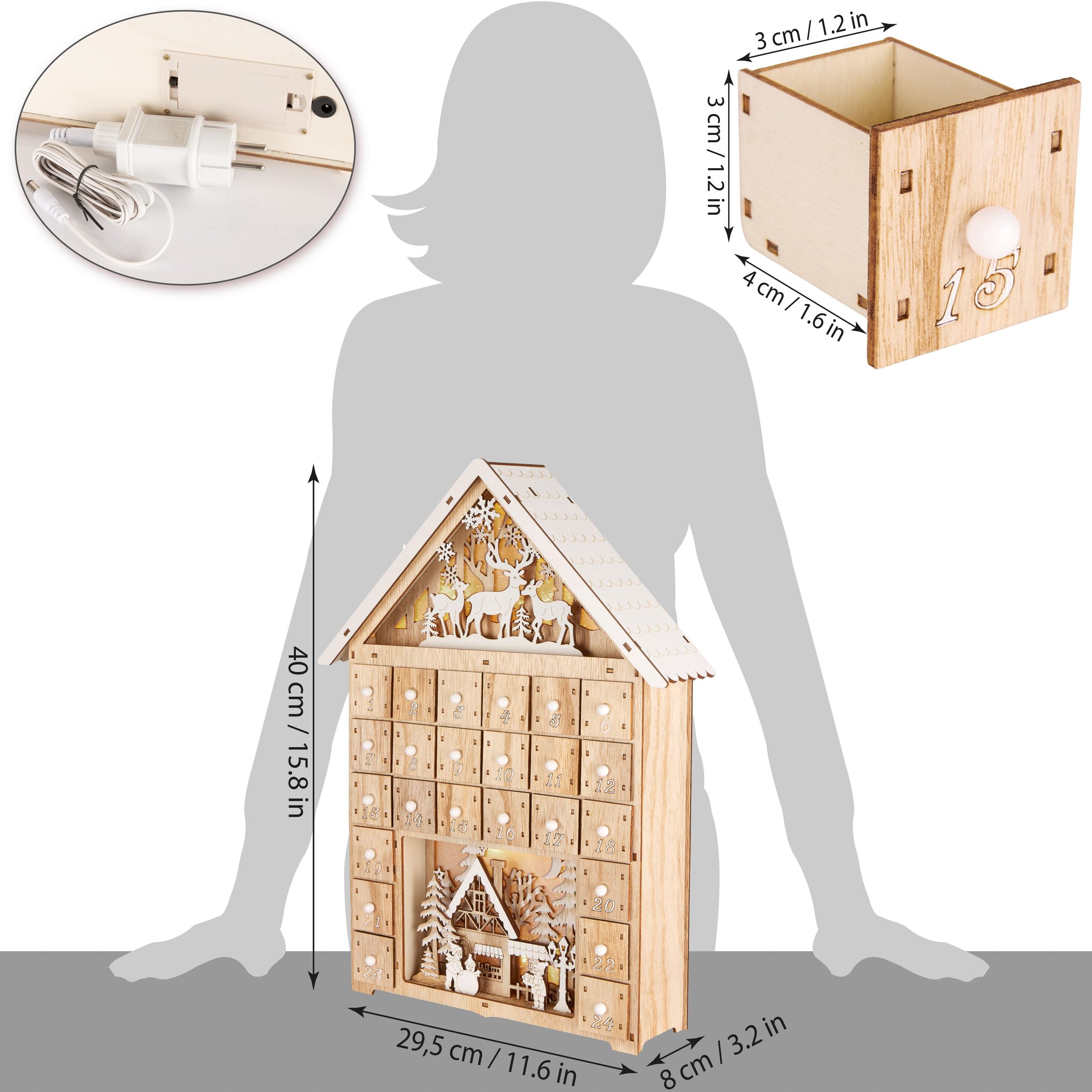 BRUBAKER Adventskalender zum Befüllen - Weihnachtshaus 2026 | Weihnachtskalender aus Holz mit LED Beleuchtung - Rentiere im Wald, Schnee Dorf mit Kindern - 40 cm Haus Kalender Beleuchtet