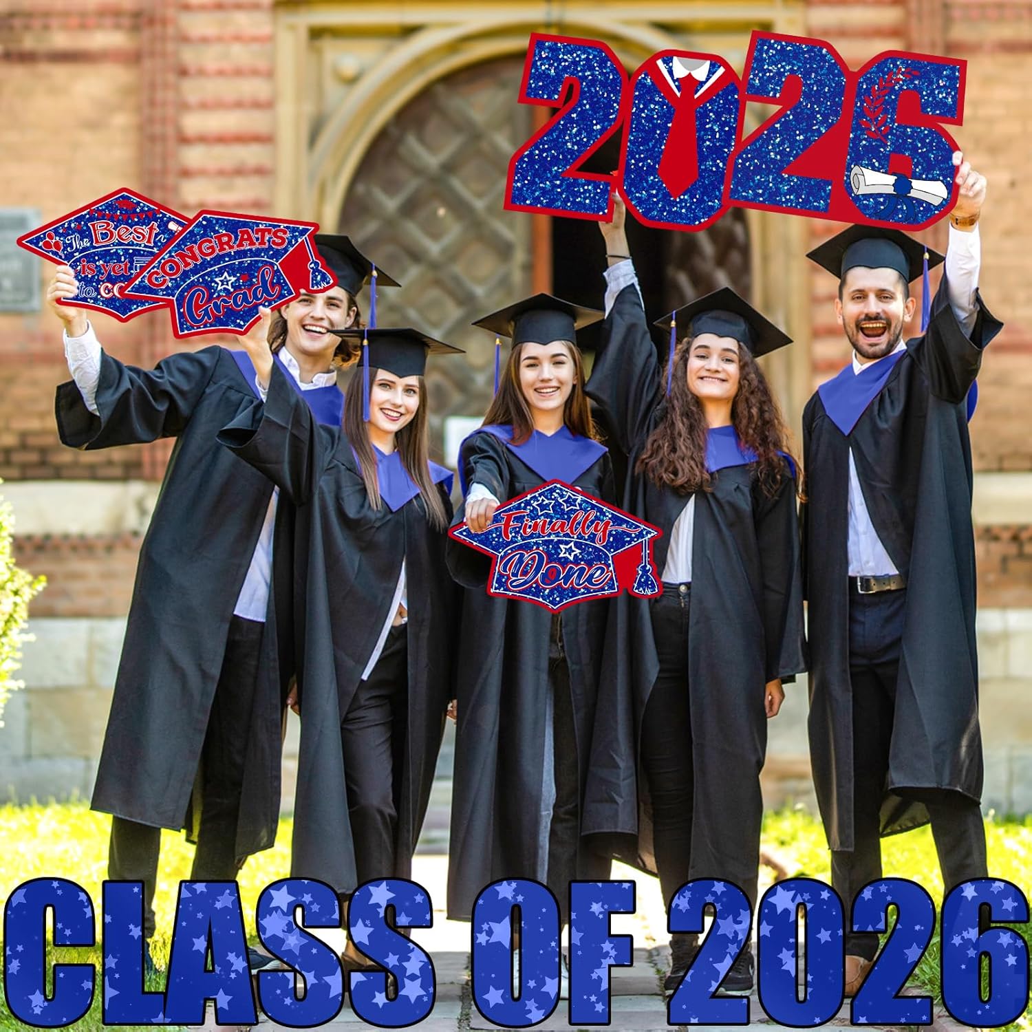 Yalikop Graduation Yard Sign Decorations Class of 2026 Grad Lawn Signs, 9 Pcs 16.5 Inch Congrats Grad Party Yard Signs with 18 Stakes for Outdoor 2026 Graduation Party Decor(Blue Red)