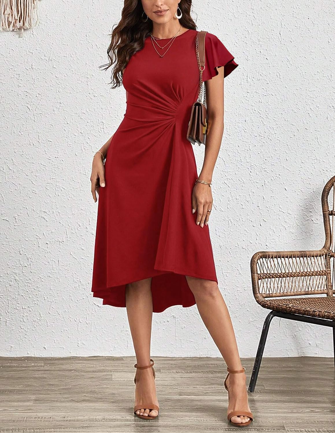 Vestido Mujer Elegante Verano Manga Corta Pliegue en la Cintura Vestido A-línea Coctel Vestidos de Boda Invitada