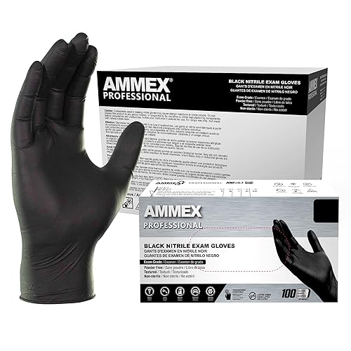 Caja de 100 guantes de nitrilo negros Ammex Abnpf, desechables, médicos, sin polvo, sin látex, para examinar, 4mil, Negro, 1000