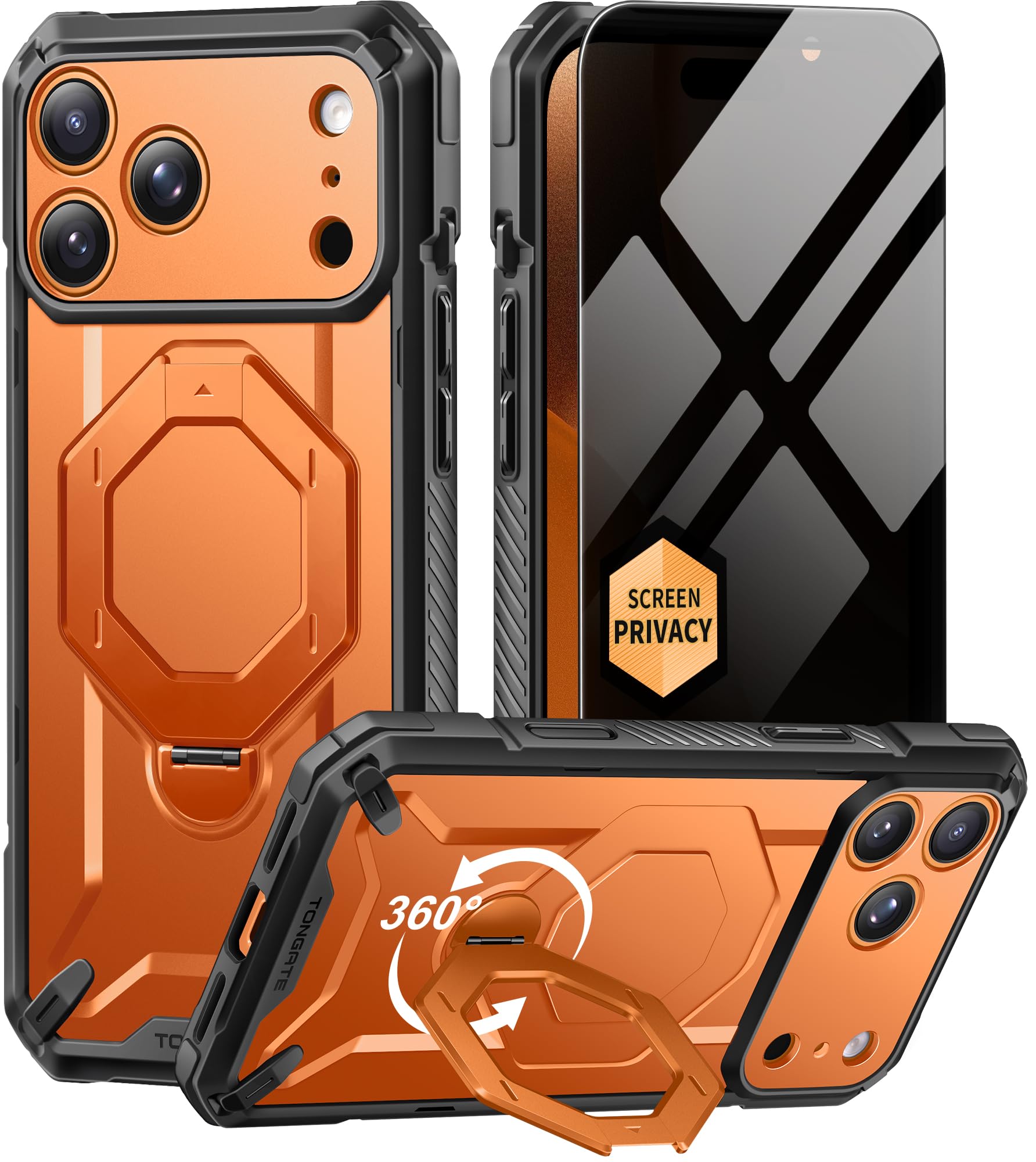 Tongate for iPhone 17 Pro Max Case with 360° Spin Magnetic Stand, [Compatible with MagSafe][Military-Grade Protection] with Privacy Screen Protector & Camera Control Cover for iPhone 17 ProMax,Orange