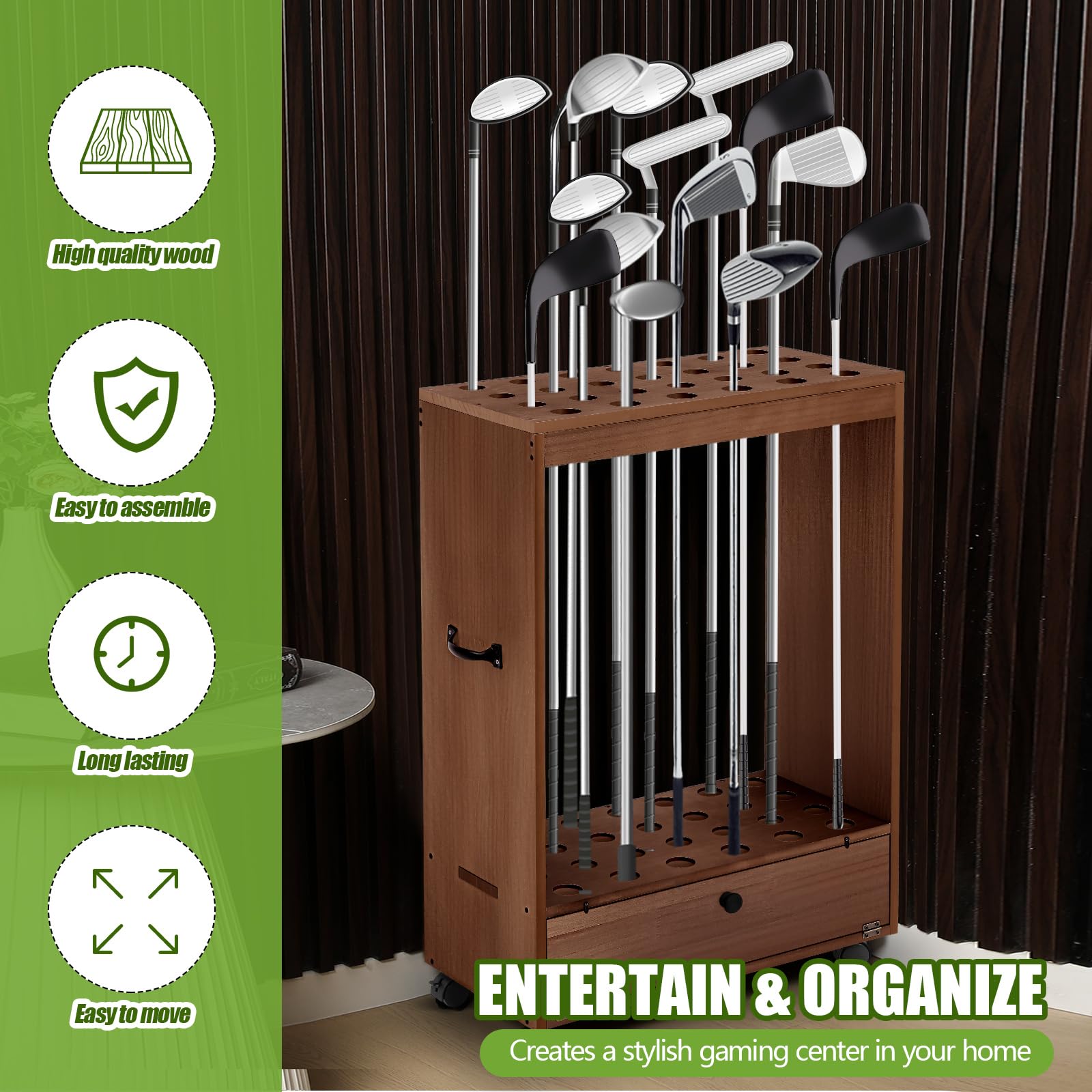 Silipull Golfschlägerständer mit 27 Löchern, Holz, für Golfschläger mit Schublade und Rad für den Innenbereich, Zuhause, Büro, Simulator, Garage